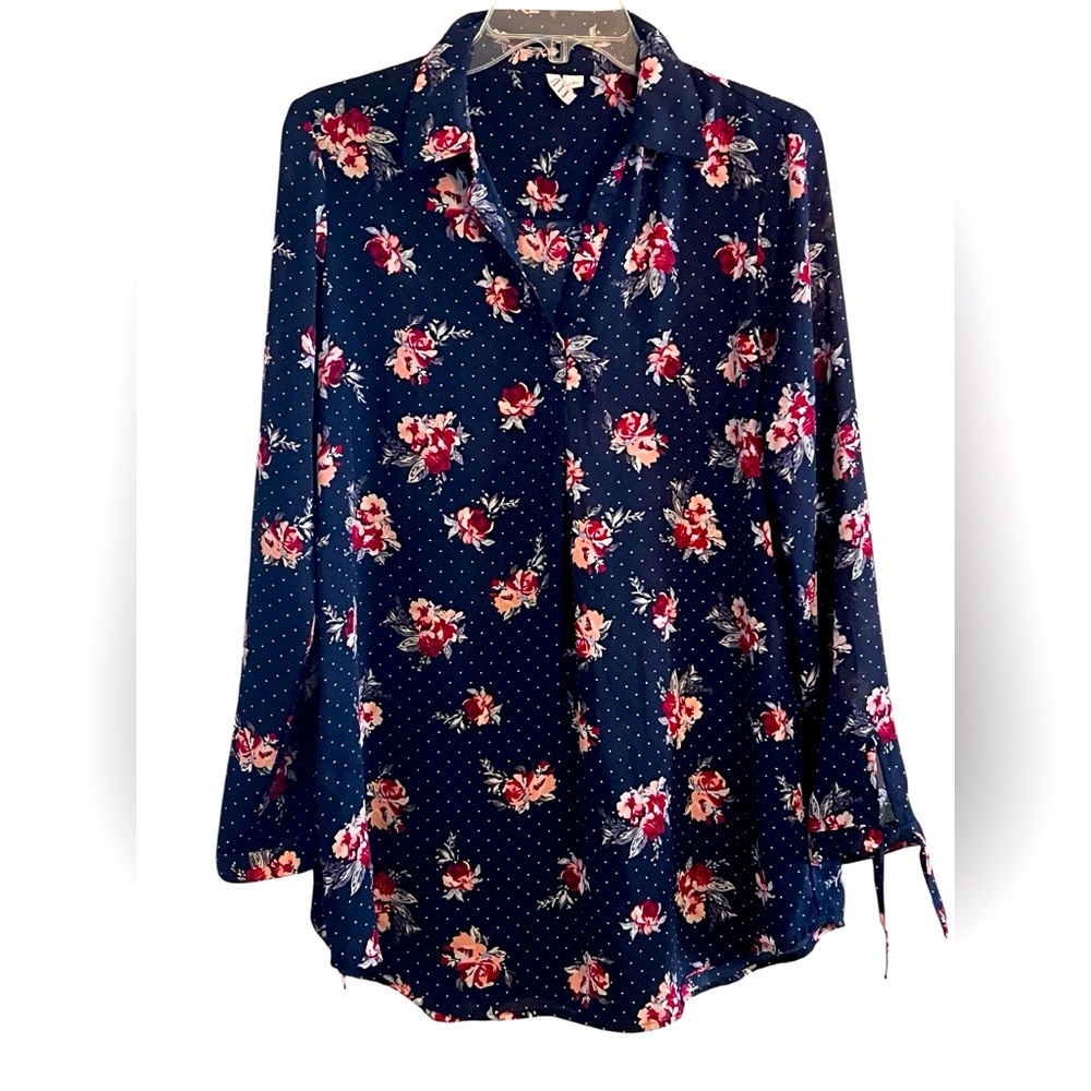 ELLE  Navy Floral  polyester Blouse woman’s size S 40” bust